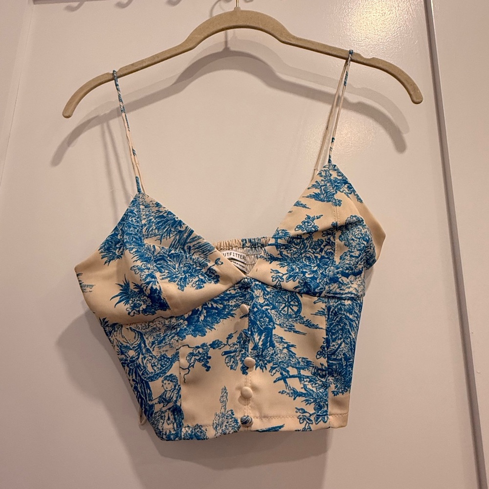 Urban Outfitters Cream and Blue Patterned Top